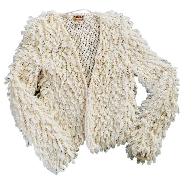 Loopy Knit Cardigan Open Front Shaggy Fringe Sweater Jacket Ivory S - Picture 10 of 10
